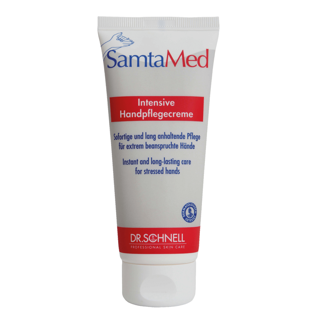 The white tube of the Dr. Schnell SAMTAMED skin care by DR.SCHNELL GmbH & Co. KGaA is equipped with blue and red lettering, a flip-top closure, the Dr. Schnell logo at the bottom, and the highlighting of the moisturizing effect in German and English.