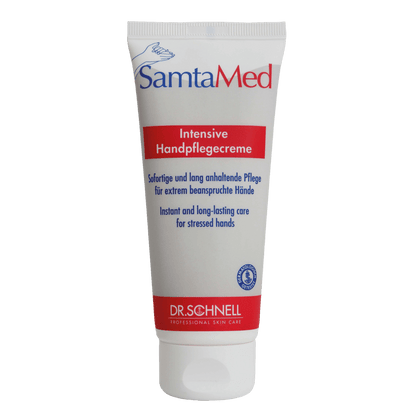 The white tube of the Dr. Schnell SAMTAMED skin care by DR.SCHNELL GmbH & Co. KGaA is equipped with blue and red lettering, a flip-top closure, the Dr. Schnell logo at the bottom, and the highlighting of the moisturizing effect in German and English.