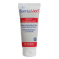 The white tube of the Dr. Schnell SAMTAMED skin care by DR.SCHNELL GmbH & Co. KGaA is equipped with blue and red lettering, a flip-top closure, the Dr. Schnell logo at the bottom, and the highlighting of the moisturizing effect in German and English.