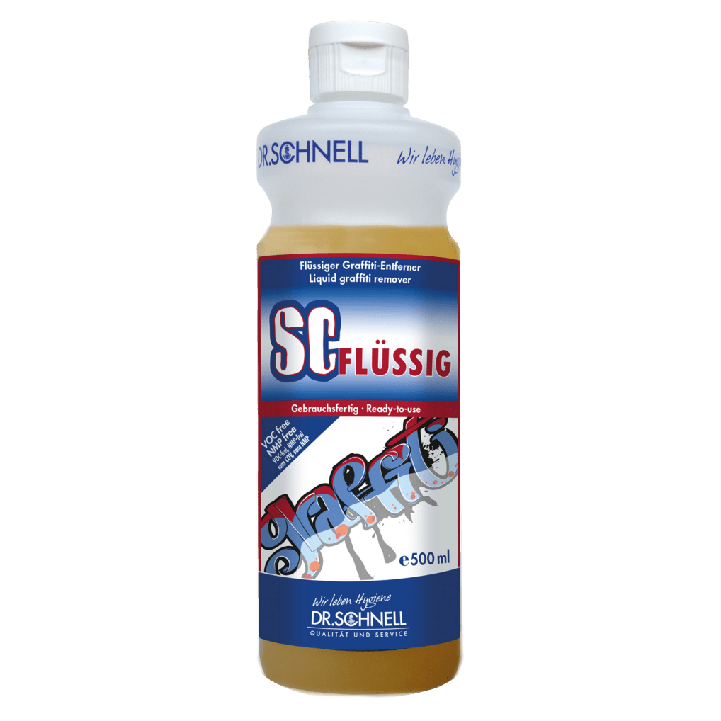A 500 ml bottle of Dr. Schnell SC LIQUID graffiti remover from DR.SCHNELL GmbH & Co. KGaA, with a white cap and a blue-red-white label with German and English information on effective graffiti removal.