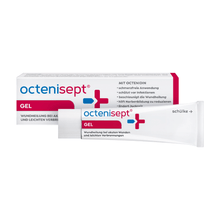 A tube and a box of Schülke octenisept® wound gel from Schülke & Mayr GmbH, in white packaging with blue-pink lettering, show German information on moisture protection for acute wounds and minor injuries. Package (1 piece).