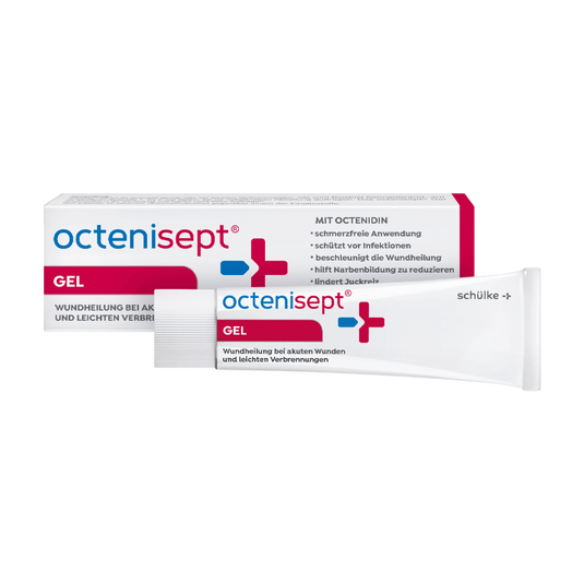 A tube and a box of Schülke octenisept® wound gel from Schülke & Mayr GmbH, in white packaging with blue-pink lettering, show German information on moisture protection for acute wounds and minor injuries. Package (1 piece).