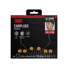 Pictured is a package of 3M™ Banded Earplugs 1310 with 2 pairs of replacement earplugs. The package indicates SNR 24-25 dB (depending on fit), features of 3M Deutschland GmbH, and symbols for comfort, neck wear, and reusability.