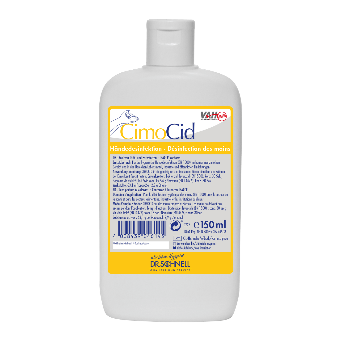 White plastic bottle with Dr. Schnell CIMOCID SENSITIVE hand disinfectant (150 ml) from DR.SCHNELL GmbH & Co. KGaA, with a yellow/blue German and French label with information on effective germ reduction, barcode, and closed cap.
