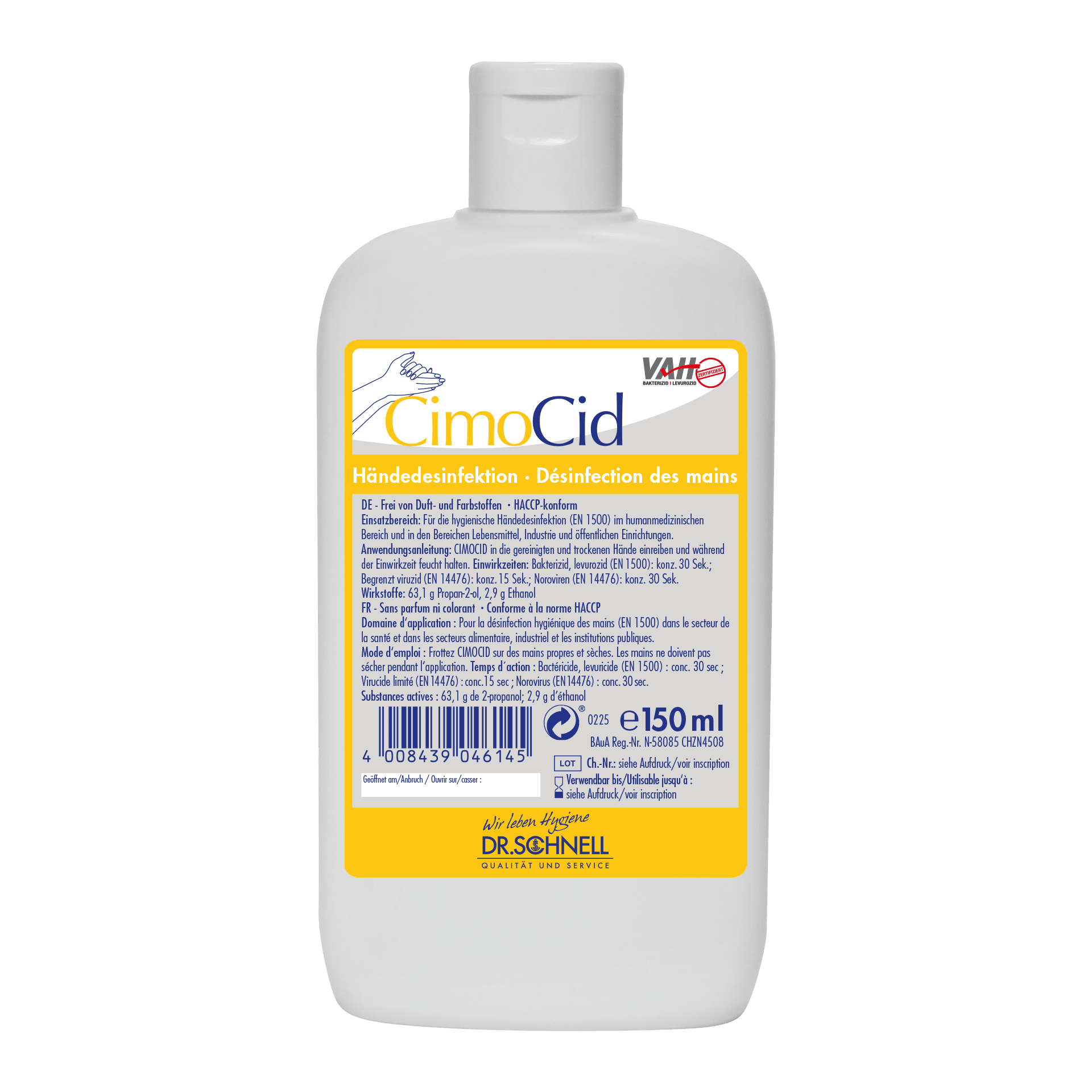 White plastic bottle with Dr. Schnell CIMOCID SENSITIVE hand disinfectant (150 ml) from DR.SCHNELL GmbH & Co. KGaA, with a yellow/blue German and French label with information on effective germ reduction, barcode, and closed cap.