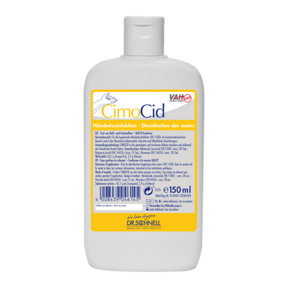 White plastic bottle with Dr. Schnell CIMOCID SENSITIVE hand disinfectant (150 ml) from DR.SCHNELL GmbH & Co. KGaA, with a yellow/blue German and French label with information on effective germ reduction, barcode, and closed cap.