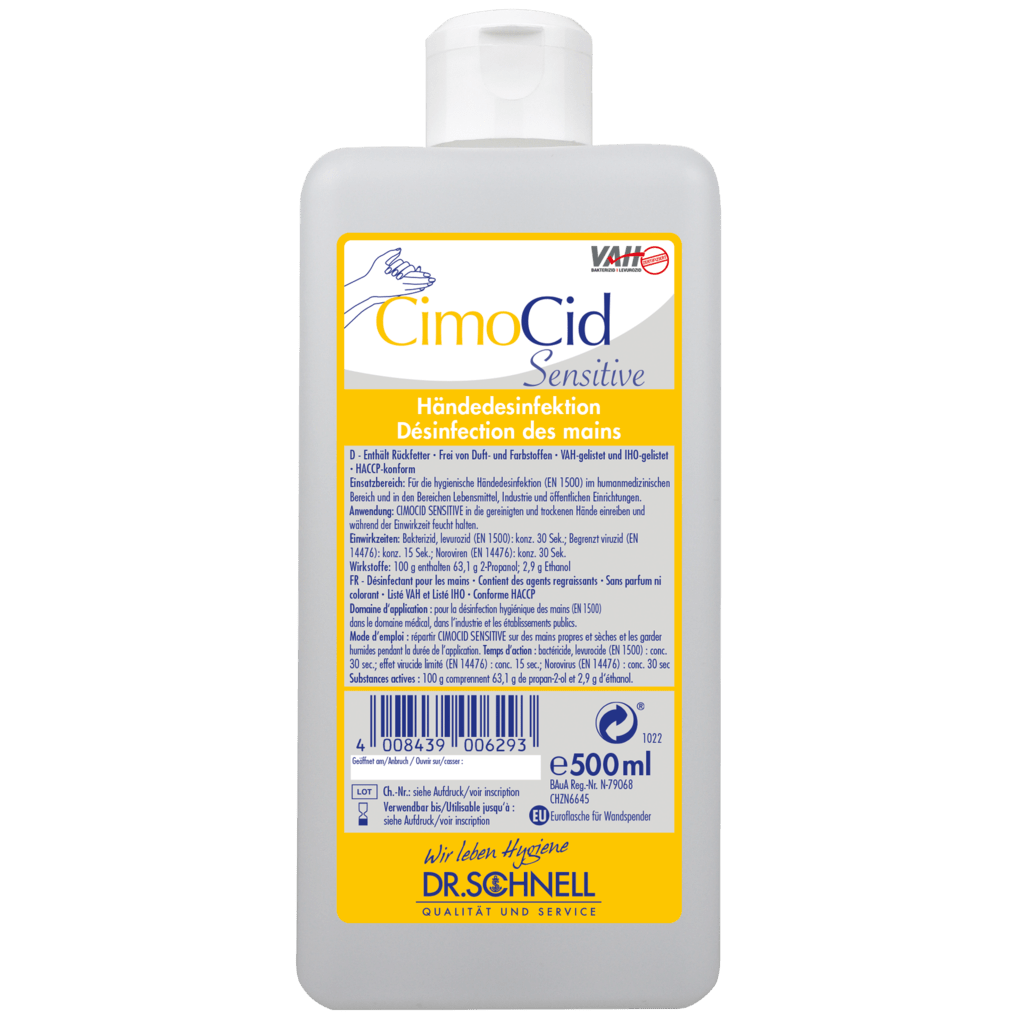 A 500 ml bottle Dr. Schnell CIMOCID SENSITIVE hand disinfectant from DR.SCHNELL GmbH & Co. KGaA, with a yellow-white label in German and French with product information, barcode, brand logo, and note on gentle yet effective germ reduction.