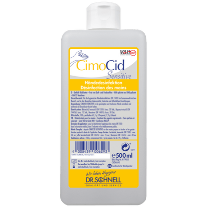 A 500 ml bottle Dr. Schnell CIMOCID SENSITIVE hand disinfectant from DR.SCHNELL GmbH & Co. KGaA, with a yellow-white label in German and French with product information, barcode, brand logo, and note on gentle yet effective germ reduction.