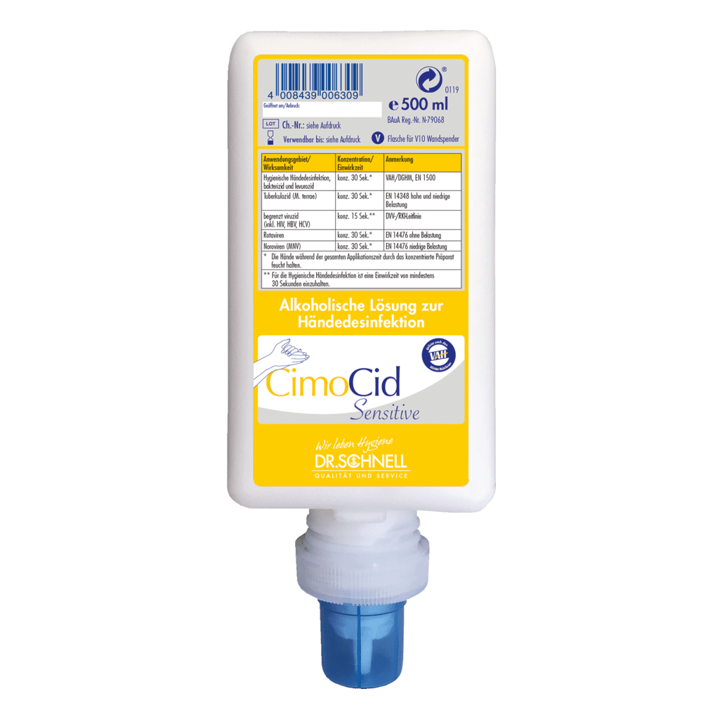 A white 500 ml bottle Dr. Schnell CIMOCID SENSITIVE hand disinfectant from DR.SCHNELL GmbH & Co. KGaA, with a blue cap and a yellow-blue label in German. Gentle on the skin, suitable for effective germ reduction.