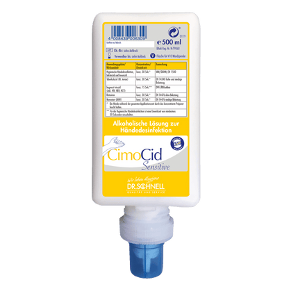 A white 500 ml bottle Dr. Schnell CIMOCID SENSITIVE hand disinfectant from DR.SCHNELL GmbH & Co. KGaA, with a blue cap and a yellow-blue label in German. Gentle on the skin, suitable for effective germ reduction.