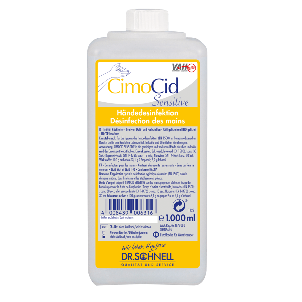 A 1-liter rectangular bottle Dr. Schnell CIMOCID SENSITIVE hand disinfectant from DR.SCHNELL GmbH & Co. KGaA with German and French instructions on a white-yellow label and a white cap for effective germ reduction.