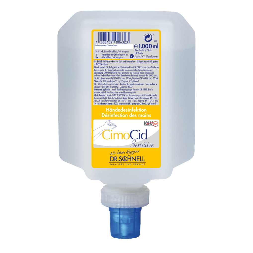 A 1000 ml Dr. Schnell CIMOCID SENSITIVE hand disinfectant bottle from DR.SCHNELL GmbH & Co. KGaA features a square design with a screw cap at the bottom and a yellow-white label that highlights the gentle and effective hygiene formula.