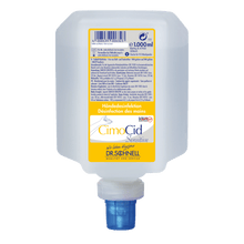 A 1000 ml Dr. Schnell CIMOCID SENSITIVE hand disinfectant bottle from DR.SCHNELL GmbH & Co. KGaA features a square design with a screw cap at the bottom and a yellow-white label that highlights the gentle and effective hygiene formula.