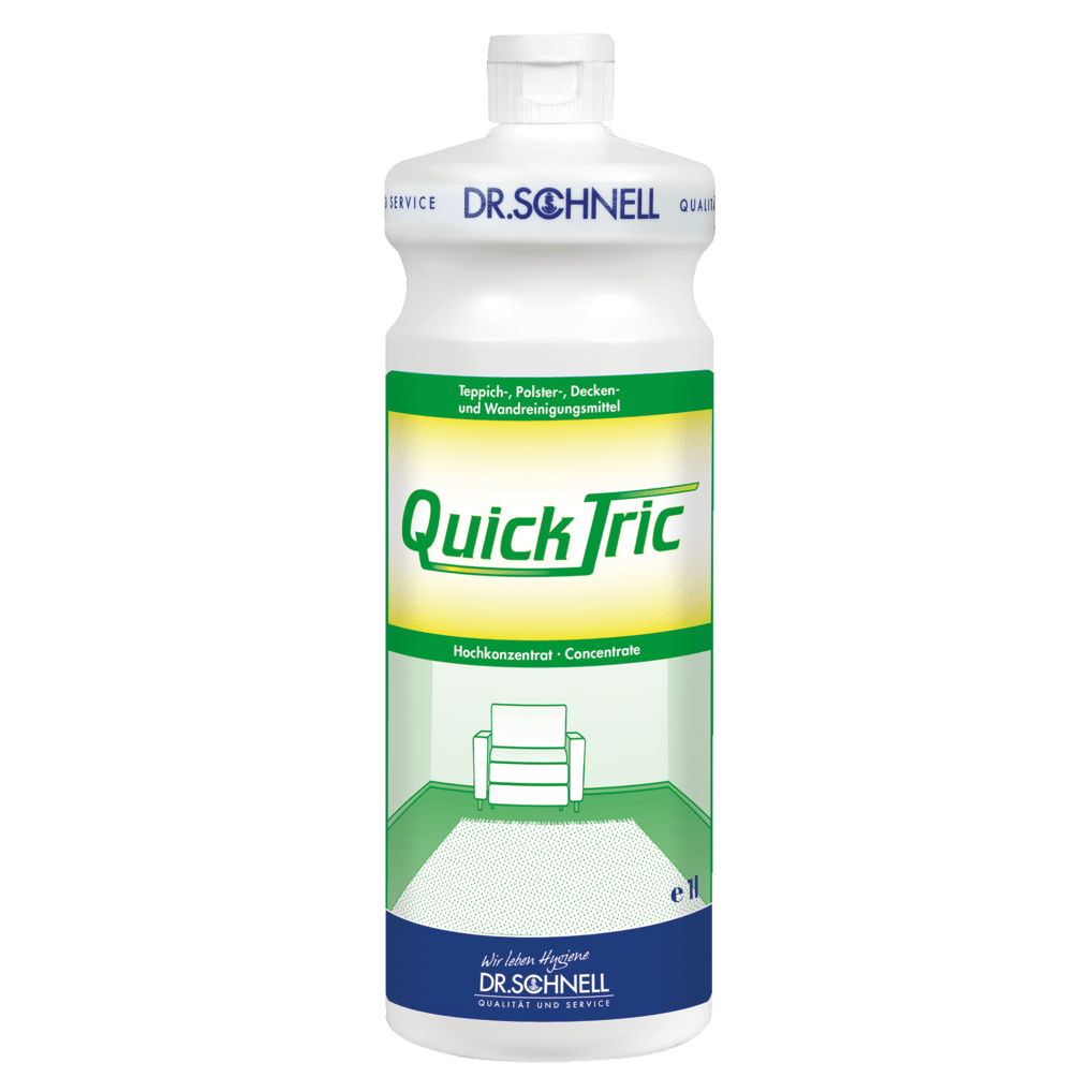 A white 1-liter bottle Dr. Schnell QUICK TRIC by DR.SCHNELL GmbH & Co. KGaA, featuring a green-and-yellow label depicting a chair in a room with green carpet, blue lettering, and a white cap—perfect for professional cleaning.