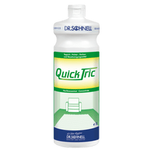 A white 1-liter bottle of Dr. Schnell QUICK TRIC from DR.SCHNELL GmbH & Co. KGaA, with a green-yellow label showing a chair in a room with green carpet, blue lettering, and a white cap - perfect for professional cleaning.