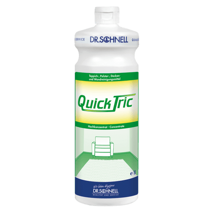 A white 1-liter bottle Dr. Schnell QUICK TRIC by DR.SCHNELL GmbH & Co. KGaA, featuring a green-and-yellow label depicting a chair in a room with green carpet, blue lettering, and a white cap—perfect for professional cleaning.