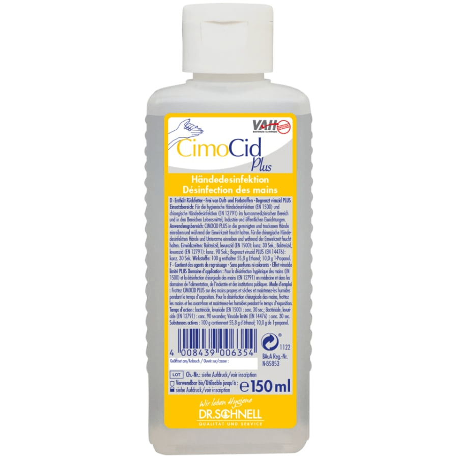 A 150 ml bottle of Dr. Schnell CIMOCID PLUS hand disinfectant from DR.SCHNELL GmbH & Co. KGaA, with a white cap and a yellow-white label with German and French information as well as blue and orange lettering.