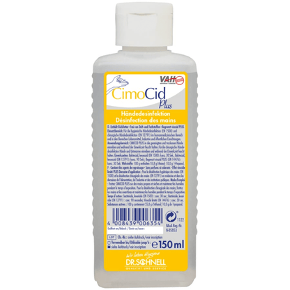 A 150 ml bottle of Dr. Schnell CIMOCID PLUS hand disinfectant from DR.SCHNELL GmbH & Co. KGaA, with a white cap and a yellow-white label with German and French information as well as blue and orange lettering.