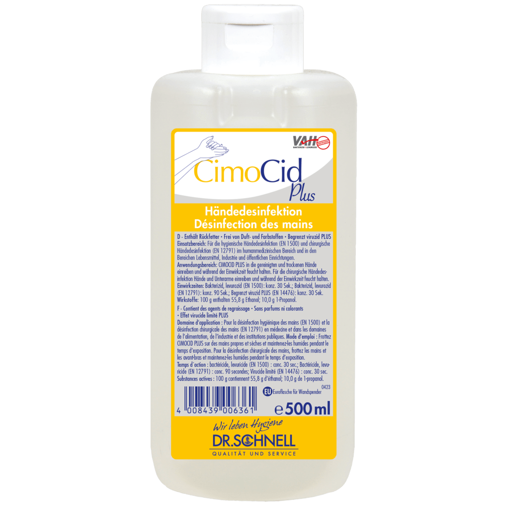 A 500 ml bottle of Dr. Schnell CIMOCID PLUS hand disinfectant from DR.SCHNELL GmbH & Co. KGaA with a white flip-top cap; the label contains German and French product information, application instructions, and safety information.