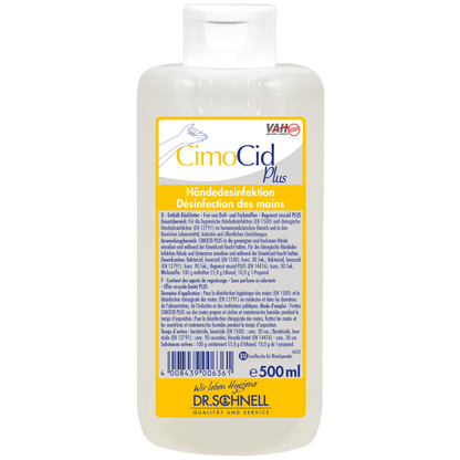 A 500 ml bottle of Dr. Schnell CIMOCID PLUS hand disinfectant from DR.SCHNELL GmbH & Co. KGaA with a white flip-top cap; the label contains German and French product information, application instructions, and safety information.