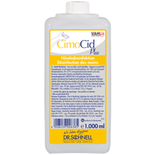 A 1,000 ml bottle of Dr. Schnell CIMOCID PLUS hand disinfectant from DR.SCHNELL GmbH & Co. KGaA with a white cap and a yellow-blue label with product information in German and French.