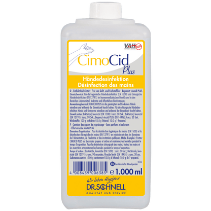 A 1,000 ml bottle of Dr. Schnell CIMOCID PLUS hand disinfectant from DR.SCHNELL GmbH & Co. KGaA with a white cap and a yellow-blue label with product information in German and French.