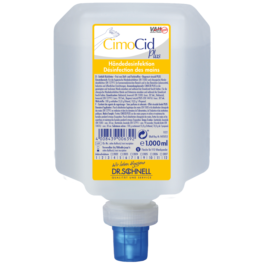 A 1000 ml container of Dr. Schnell CIMOCID PLUS hand disinfectant from DR.SCHNELL GmbH & Co. KGaA, with a blue dispenser cap and a yellow-white label with information in German and French.