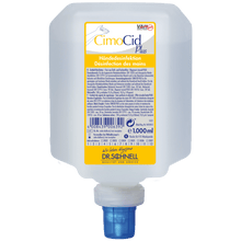 A 1000 ml container of Dr. Schnell CIMOCID PLUS hand disinfectant from DR.SCHNELL GmbH & Co. KGaA, with a blue dispenser cap and a yellow-white label with information in German and French.