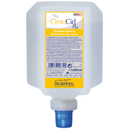A 1000 ml container of Dr. Schnell CIMOCID PLUS hand disinfectant from DR.SCHNELL GmbH & Co. KGaA, with a blue dispenser cap and a yellow-white label with information in German and French.