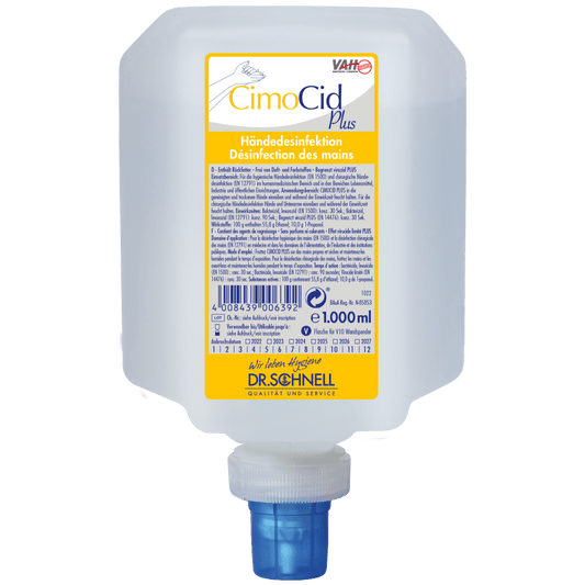 A 1000 ml container of Dr. Schnell CIMOCID PLUS hand disinfectant from DR.SCHNELL GmbH & Co. KGaA, with a blue dispenser cap and a yellow-white label with information in German and French.