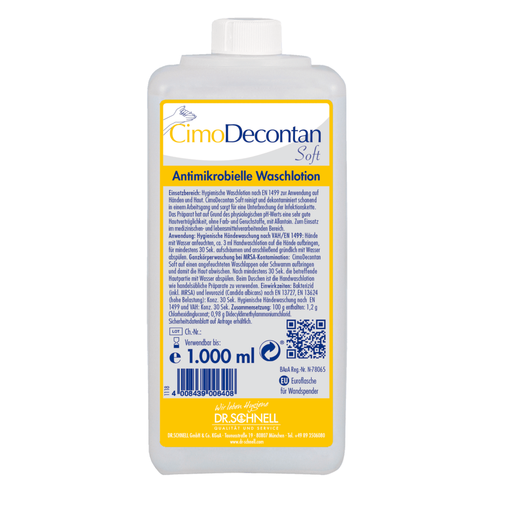 A 1,000 ml bottle of Dr. Schnell CIMODECONTAN SOFT antimicrobial wash lotion by DR.SCHNELL GmbH & Co. KGaA, with a yellow-blue label and German instructions for hygienic cleaning of skin and hands.