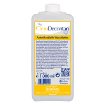A 1,000 ml bottle of Dr. Schnell CIMODECONTAN SOFT antimicrobial wash lotion by DR.SCHNELL GmbH & Co. KGaA, with a yellow-blue label and German instructions for hygienic cleaning of skin and hands.