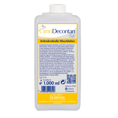 A 1,000 ml bottle of Dr. Schnell CIMODECONTAN SOFT antimicrobial wash lotion by DR.SCHNELL GmbH & Co. KGaA, with a yellow-blue label and German instructions for hygienic cleaning of skin and hands.