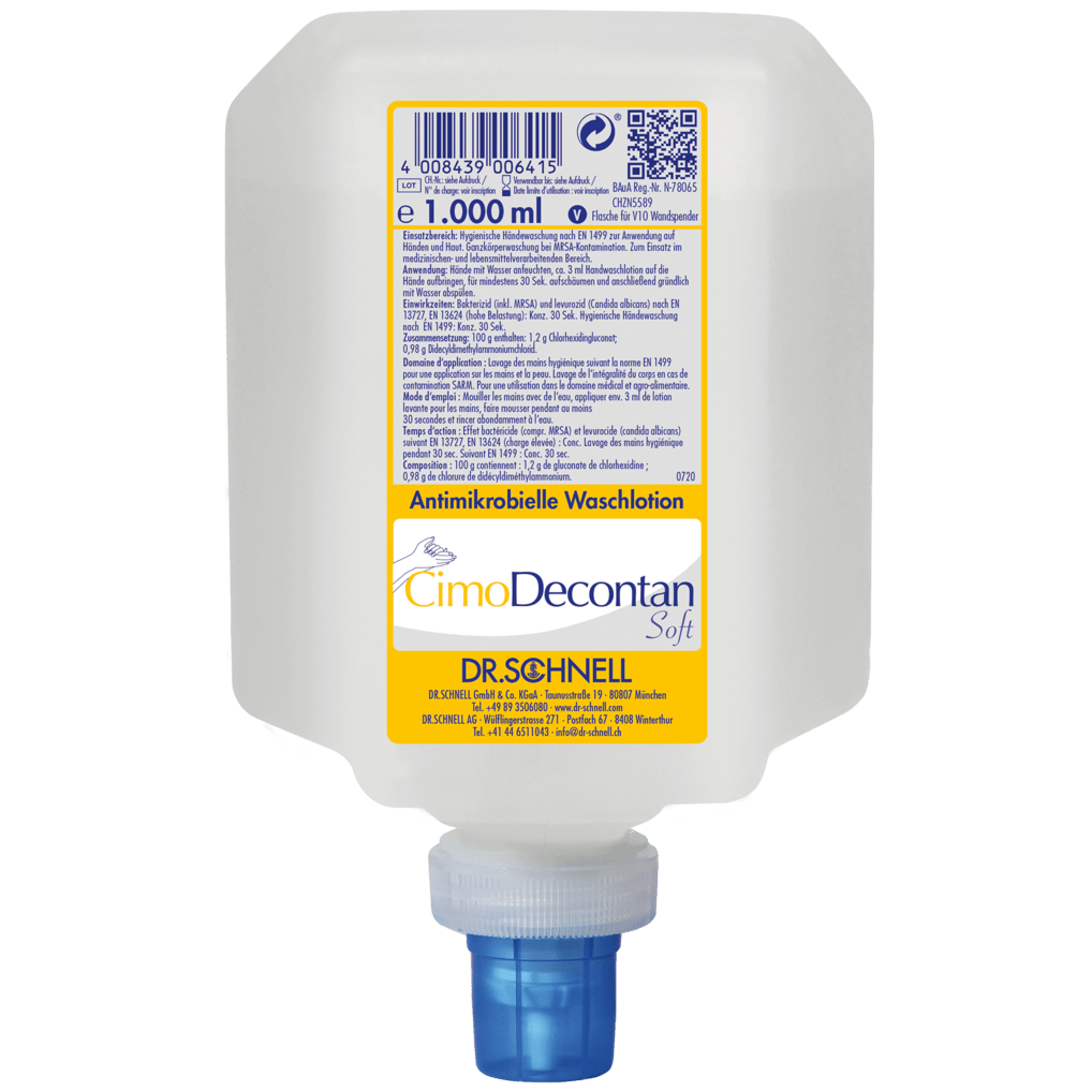 A 1000 ml plastic dispenser of Dr. Schnell CIMODECONTAN SOFT antimicrobial wash lotion by DR.SCHNELL GmbH & Co. KGaA, with a yellow-white label and blue cap, for hygienic skin and hand cleaning.
