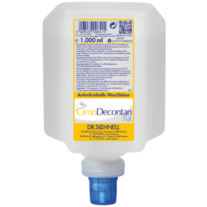A 1000 ml plastic dispenser of Dr. Schnell CIMODECONTAN SOFT antimicrobial wash lotion by DR.SCHNELL GmbH & Co. KGaA, with a yellow-white label and blue cap, for hygienic skin and hand cleaning.