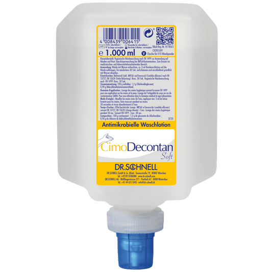 A 1000 ml plastic dispenser of Dr. Schnell CIMODECONTAN SOFT antimicrobial wash lotion by DR.SCHNELL GmbH & Co. KGaA, with a yellow-white label and blue cap, for hygienic skin and hand cleaning.