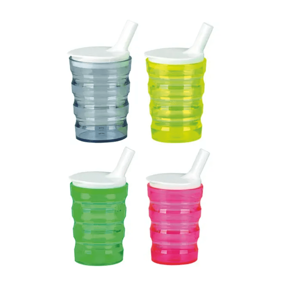 Four Altruan Servoprax drinking cups with ridges, lids in blue, yellow, green, and pink, featuring a slanted spout and a white top—ideal for those with limited grip strength. Arranged in a 2x2 grid on a white background.