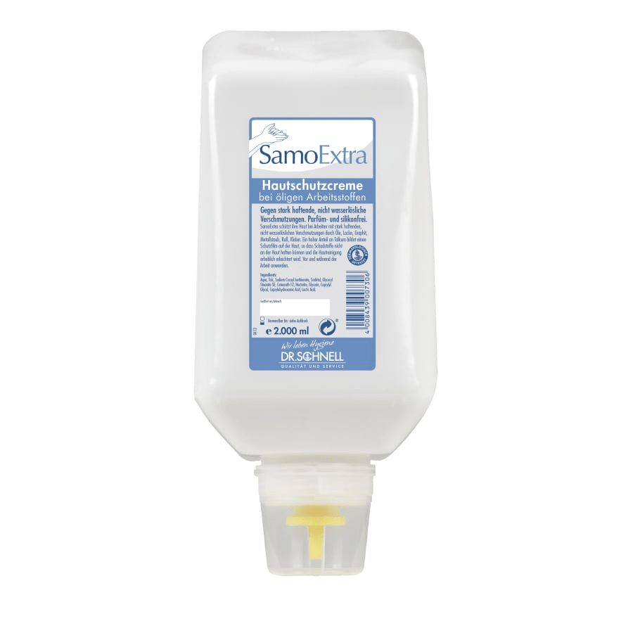 A white 2000 ml Dr. Schnell SAMOEXTRA dispenser bottle (1 piece) by DR.SCHNELL GmbH & Co. KGaA, for personal hygiene and skin protection, with a blue-white German label and a yellow pump dispenser at the bottom.
