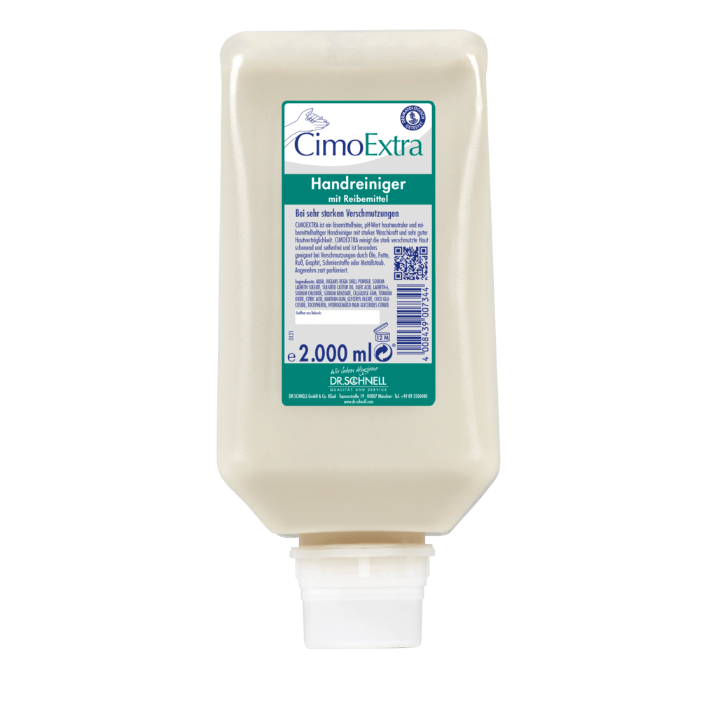 A 2000 ml refill pack of the Dr. Schnell CIMOEXTRA dispenser bottles skin cleansing from DR.SCHNELL GmbH & Co. KGaA, with white closure and green-white label, ideal for gentle hand cleansing in dispenser bottle systems.