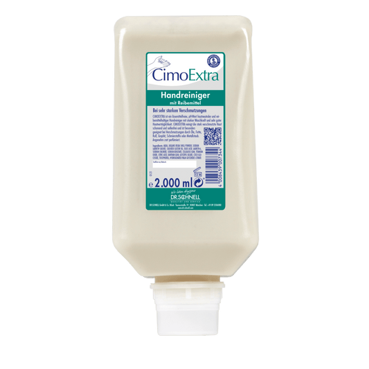 A 2000 ml refill pack of the Dr. Schnell CIMOEXTRA dispenser bottles skin cleansing from DR.SCHNELL GmbH & Co. KGaA, with white closure and green-white label, ideal for gentle hand cleansing in dispenser bottle systems.