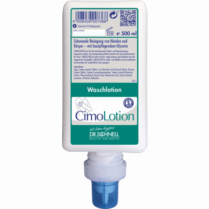 A 500 ml white Dr. Schnell CIMOLOTION dispenser bottle from DR.SCHNELL GmbH & Co. KGaA features a blue dispenser cap, a German front label, a barcode, and two hands under water - ideal for hygienic dosing and daily skincare.