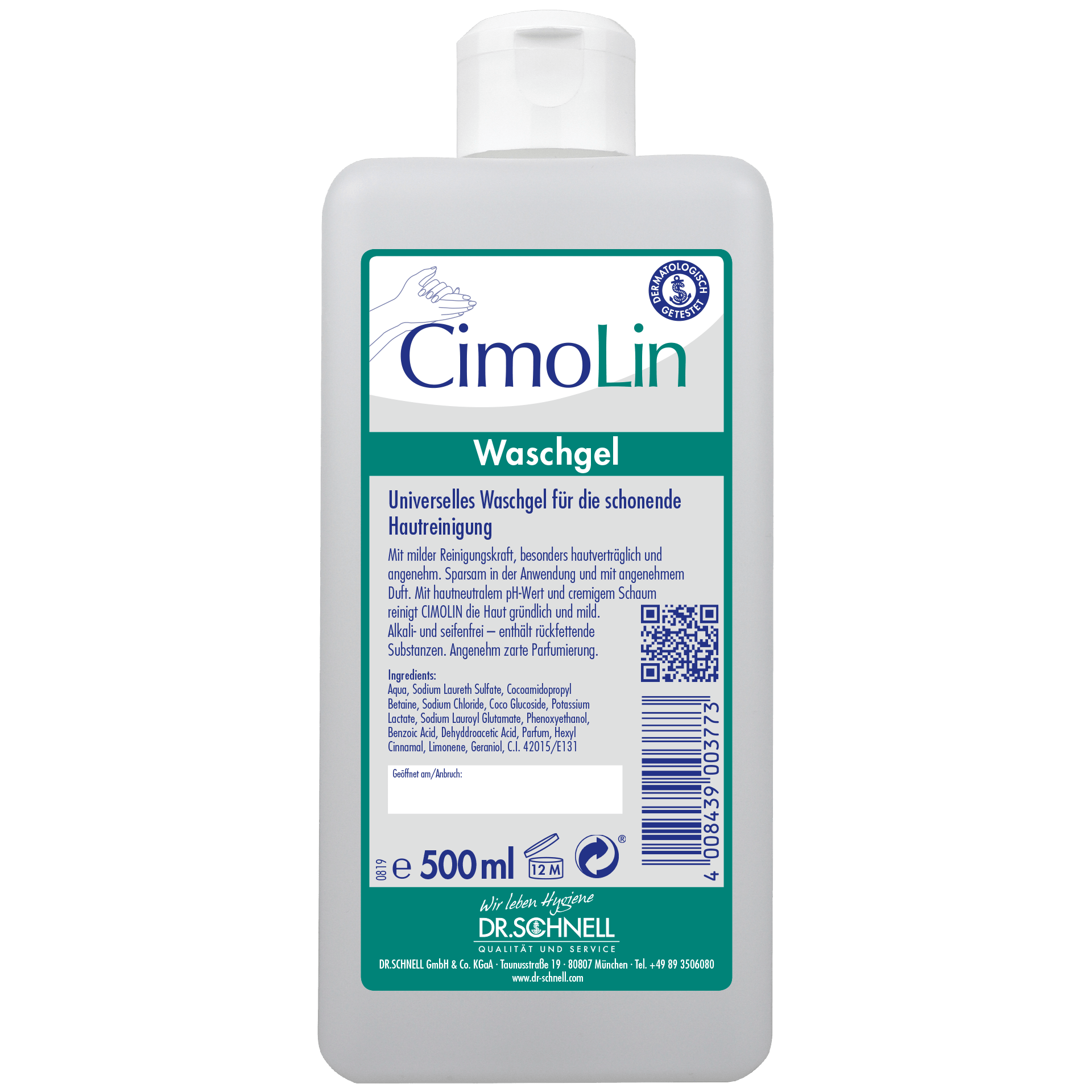 A white 500 ml Dr. Schnell CIMOLIN dispenser bottle skin cleansing from DR.SCHNELL GmbH & Co. KGaA with a green cap and German label - ideal for gentle care and effective skin cleansing.
