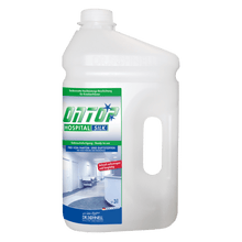 White 3-liter plastic bottle with handle, labeled "Dr. Schnell ONTOP HOSPITAL SILK Silk Matt High-Performance Coating for Floors in Hospitals" by DR.SCHNELL GmbH & Co. KGaA, with clean images of hospital rooms.