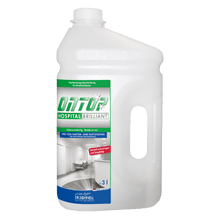 A 3-liter bottle of DR.SCHNELL ONTOP HOSPITAL BRILLIANT high-performance coating for floors, glossy, from DR.SCHNELL GmbH & Co. KGaA; with handle, screw cap, and a blue-green label with product information and a hospital corridor image.