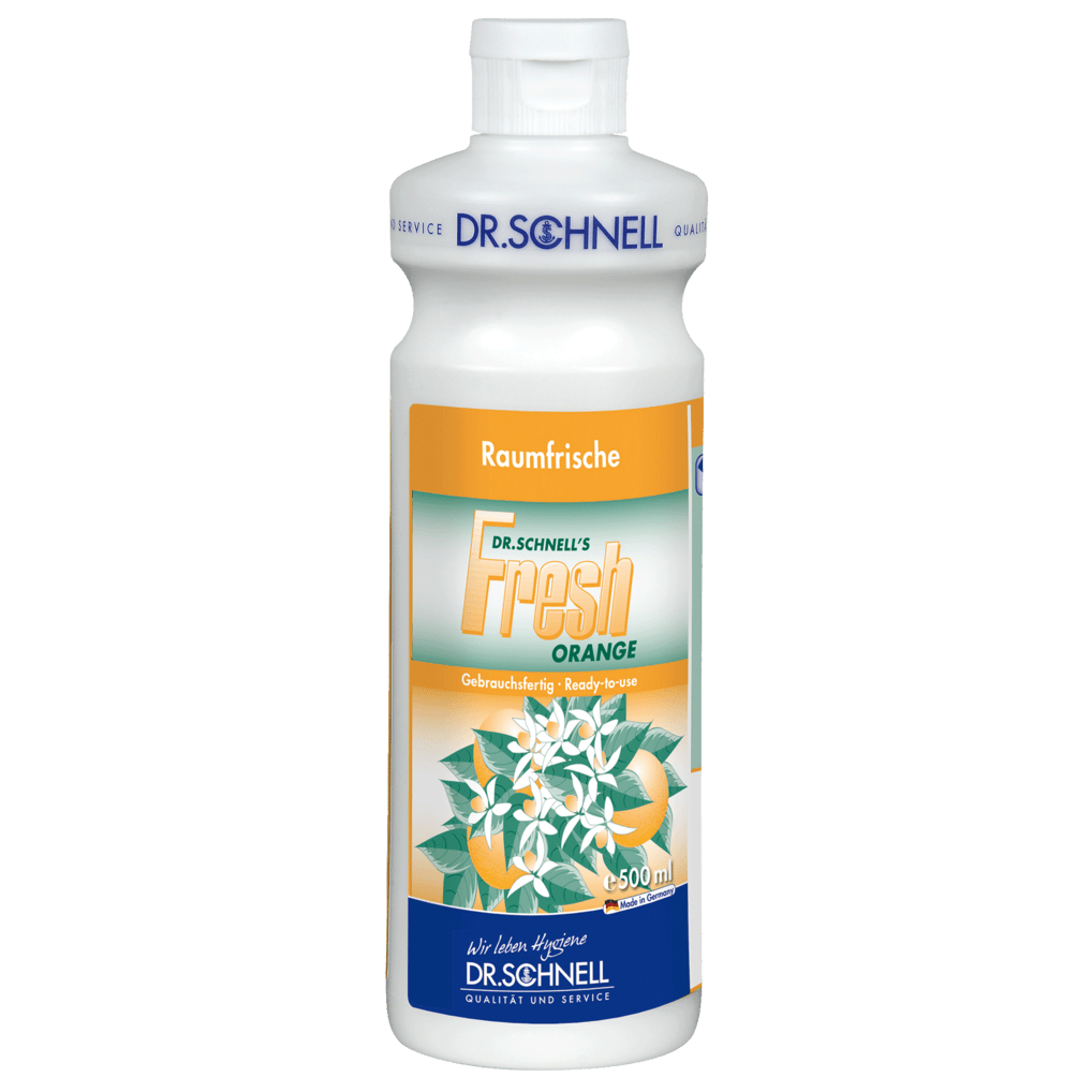 White 500 ml plastic bottle of Dr. Schnell FRESH ORANGE room freshener with fresh orange scent from DR.SCHNELL GmbH & Co. KGaA, with images of orange blossoms and oranges on the label.