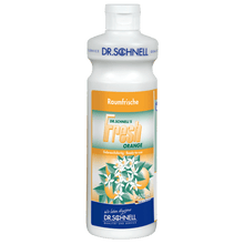 White 500 ml plastic bottle of Dr. Schnell FRESH ORANGE room freshener with fresh orange scent from DR.SCHNELL GmbH & Co. KGaA, with images of orange blossoms and oranges on the label.