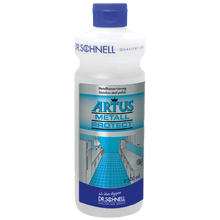 White 500 ml plastic bottle with blue cap from Dr. Schnell ARTUS METALL PROTECT, a ready-to-use surface metal protection agent for building cleaning by DR.SCHNELL GmbH & Co. KGaA; the label shows an illustrated kitchen with shiny metal surfaces.