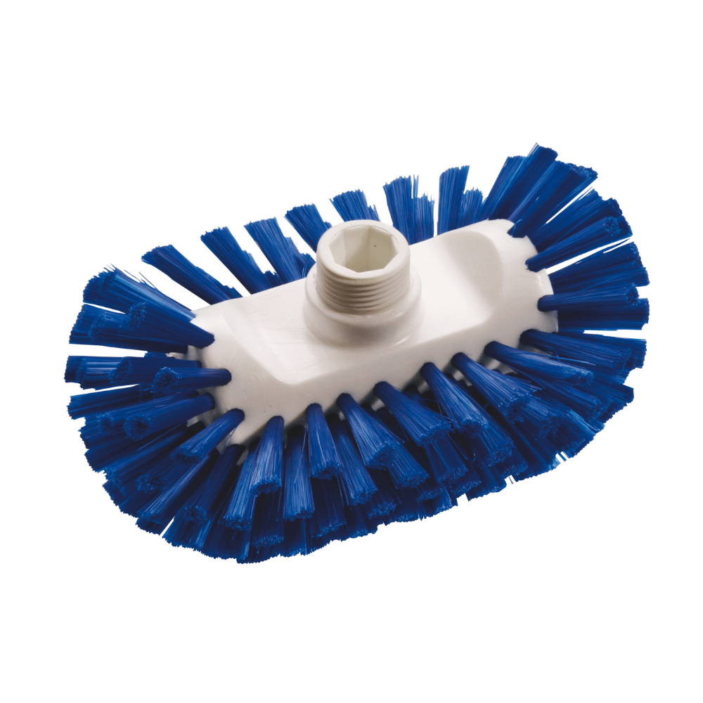 The brush head of the Haug Bürsten KG boiler brush PP blue 200x125x35 mm has densely packed blue bristles at the edges and a threaded hole for attaching the handle, ideal for breweries or the beverage industry. The package contains 1 piece.