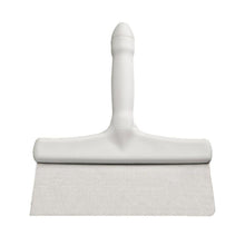 The Haug Bürsten KG HAND SCRAPER WITH PLASTIC HANDLE STAINLESS STEEL SCRAPER (250x290x30mm) has a white plastic handle and a flat blade made of stainless steel for cutting or scraping dough, depicted on a plain white background.