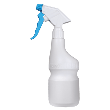 The Dr. Schnell hand sprayer empty 600 ml from DR.SCHNELL GmbH & Co. KGaA is a white plastic spray bottle with a blue spray head, empty on a white background, ideal for cleaning agents and with embossed branding.